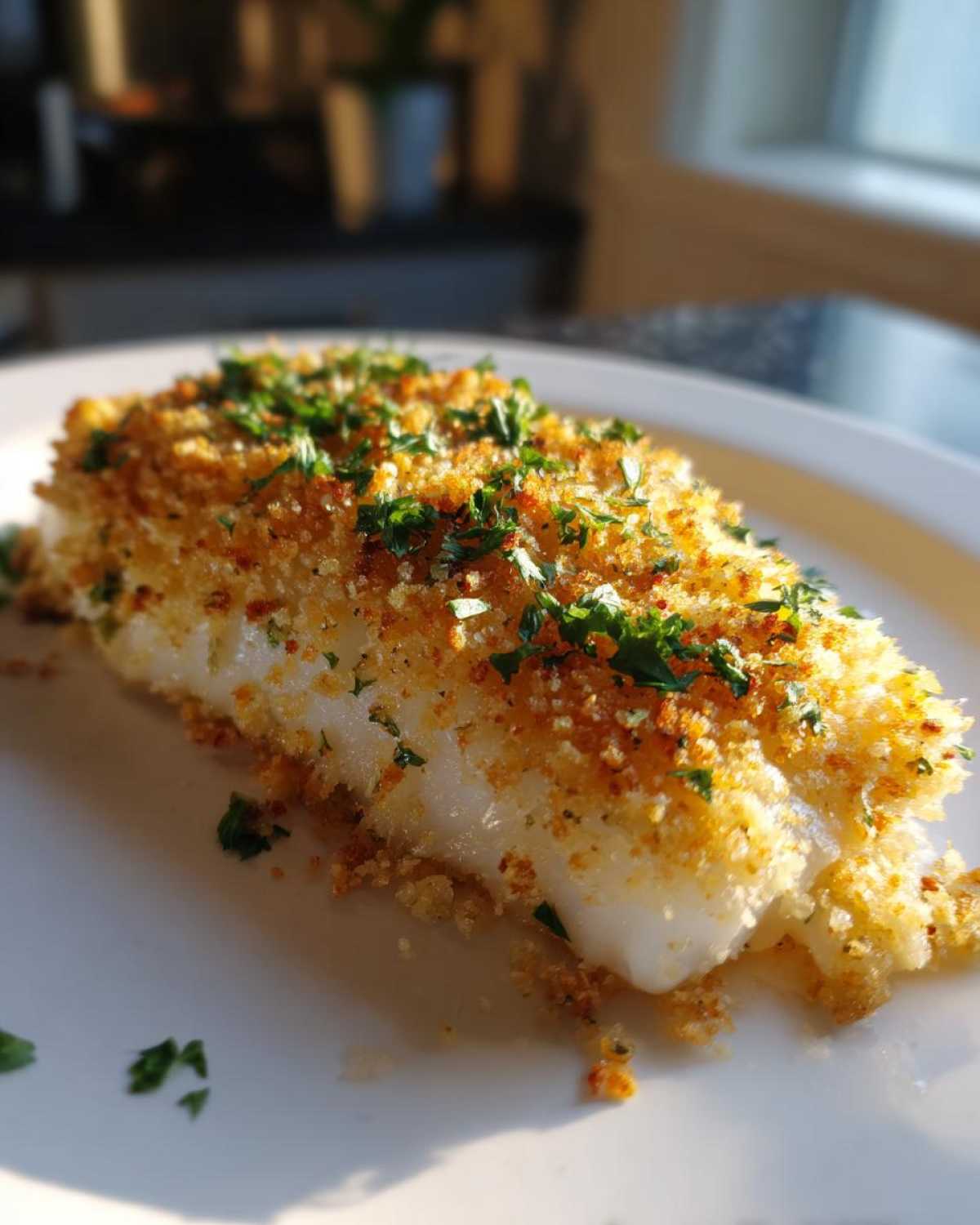A close-up of a flaky fillet of Boston Baked Cod topped with a golden, crispy breadcrumb crust and fresh parsley.