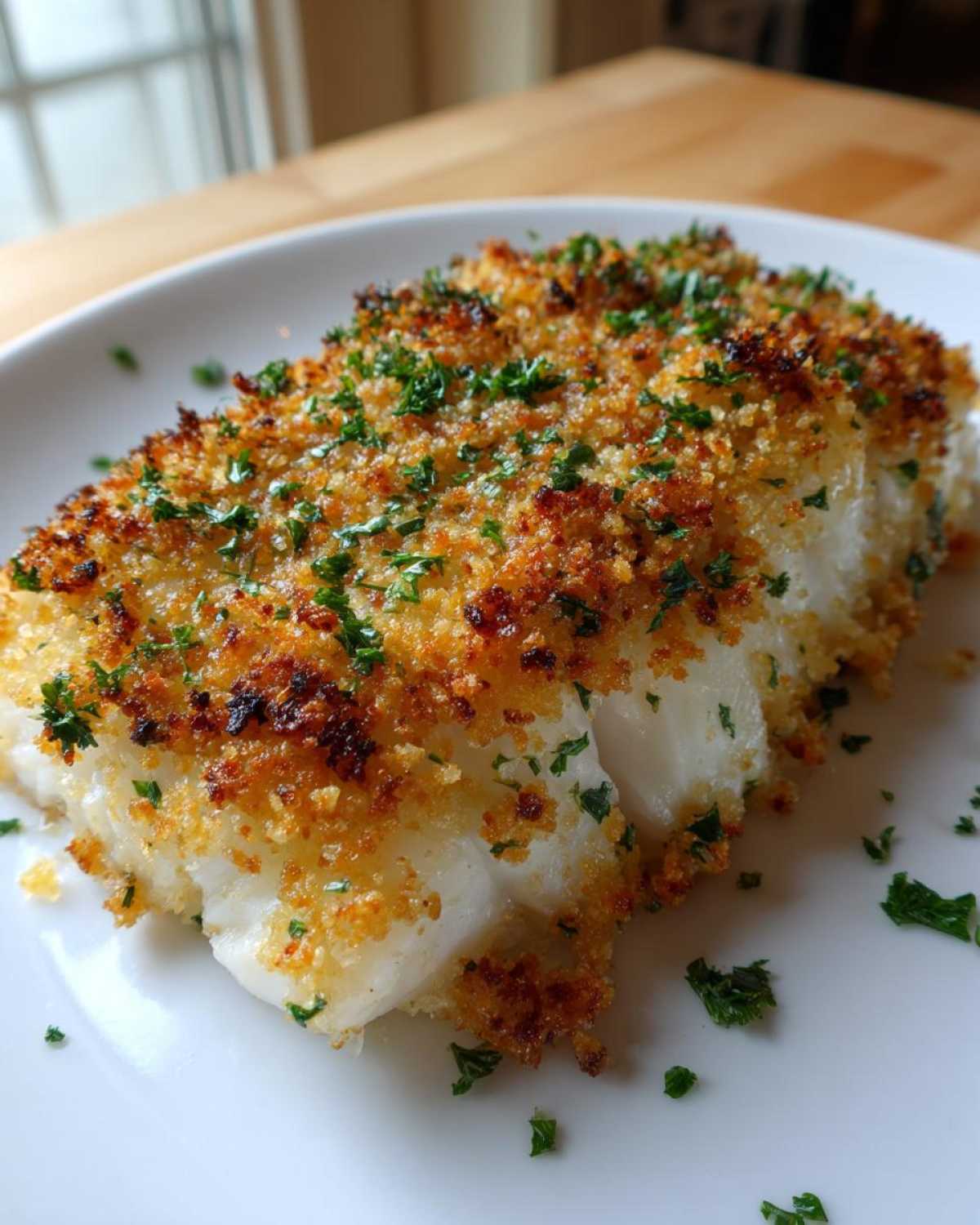 A close-up of a flaky piece of Boston Baked Cod with a golden, crispy breadcrumb topping and fresh parsley.