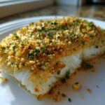 Close-up of a flaky white fillet of Boston Baked Cod topped with golden brown breadcrumbs and fresh parsley.