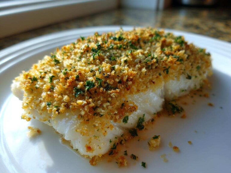 Close-up of a flaky white fillet of Boston Baked Cod topped with golden brown breadcrumbs and fresh parsley.