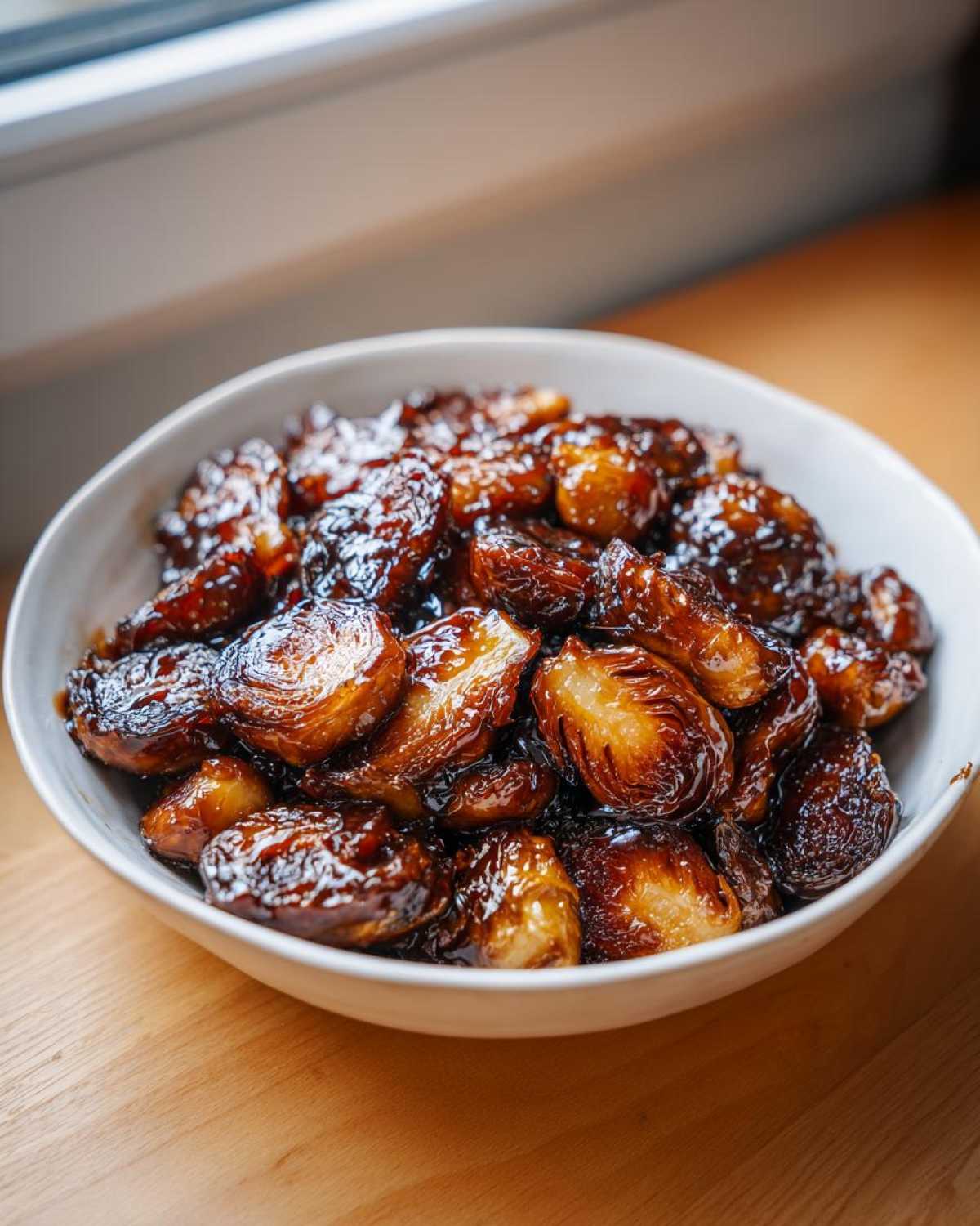 A white bowl filled with roasted Brussels sprouts coated in a thick, dark Sticky Brussels Sprouts Glaze.