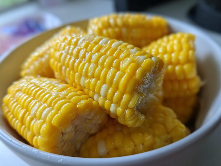 Close-up shot of several pieces of bright yellow Buttered Corn on the cob piled in a white bowl.