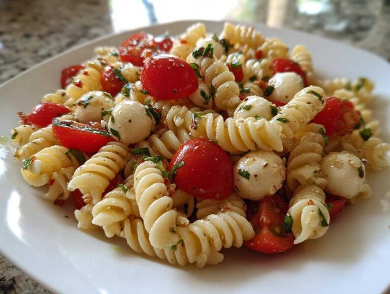 A close-up of a serving of Caprese Pasta Salad featuring rotini pasta, cherry tomatoes, and small mozzarella balls.