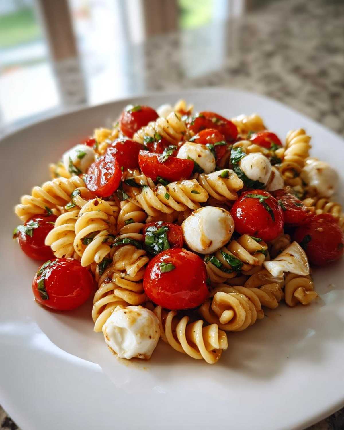 A close-up serving of Ultimate Caprese Pasta Salad featuring rotini pasta, bright red cherry tomatoes, and small mozzarella balls.