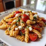 A close-up of a plate piled high with Caprese Pasta Salad featuring rotini pasta, cherry tomatoes, mozzarella balls, and basil.
