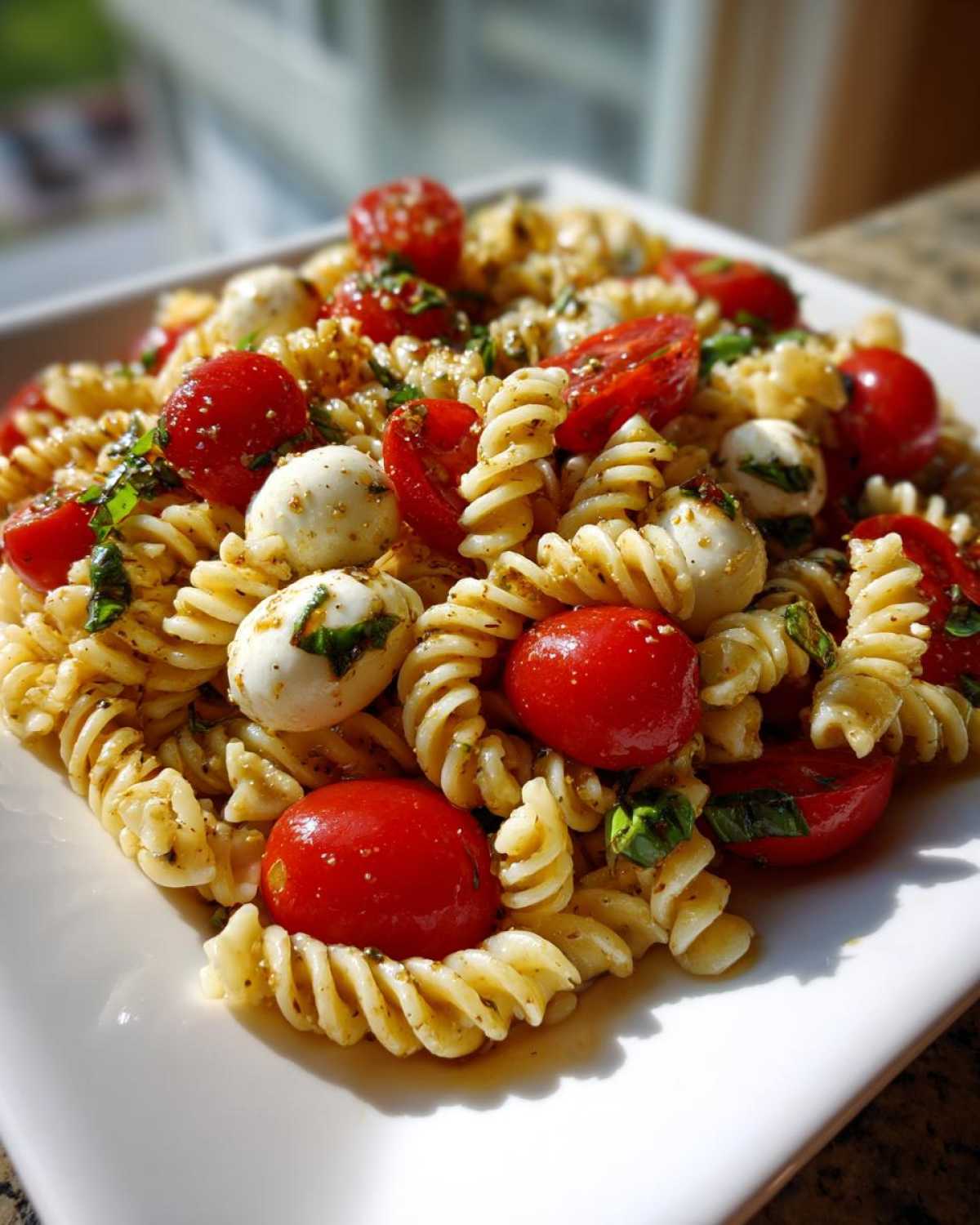 Close-up of a serving of Caprese Pasta Salad featuring fusilli pasta, bright red cherry tomatoes, and small mozzarella balls.