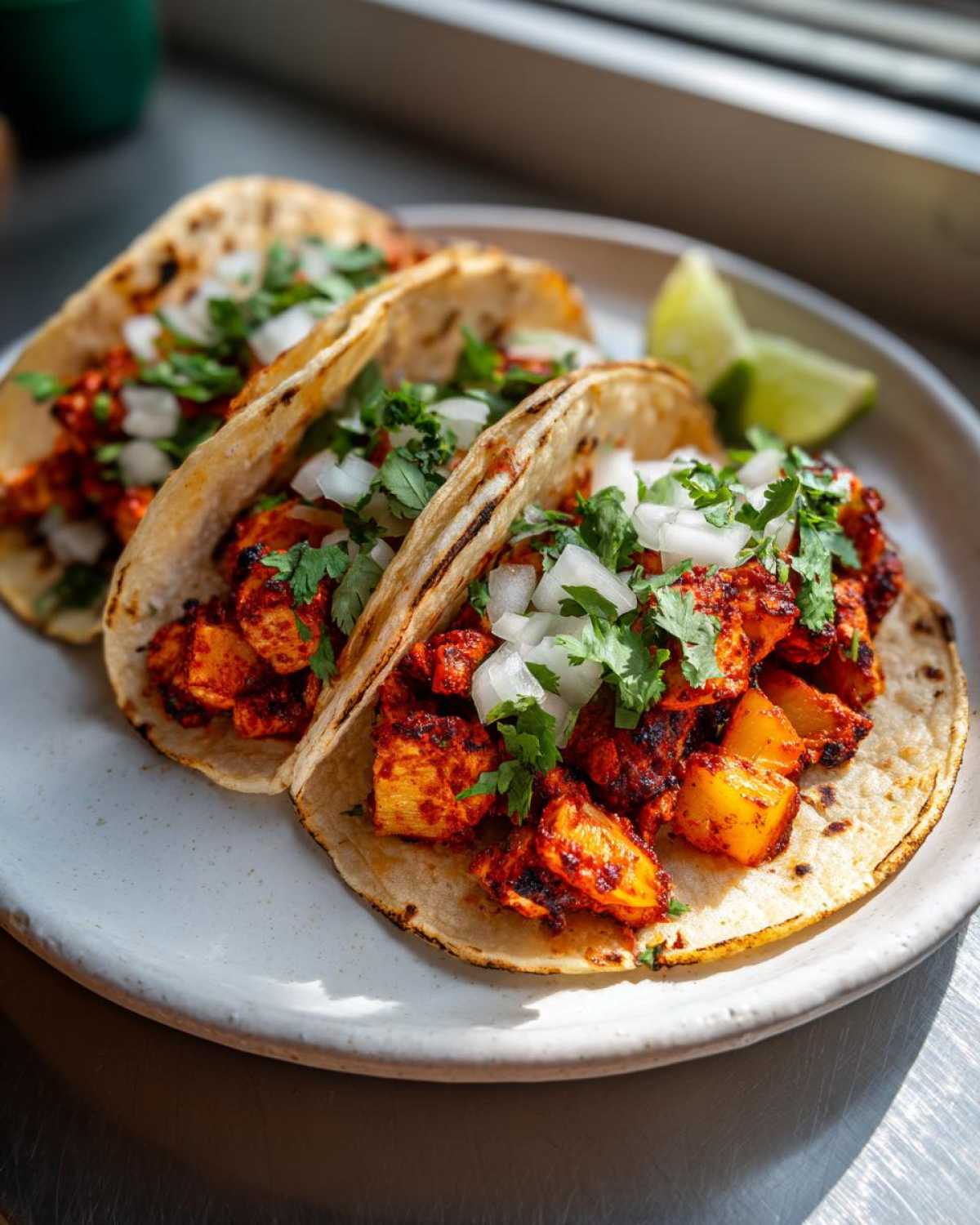 Close-up of three delicious Chicken Al Pastor tacos served on corn tortillas, topped with diced white onion and fresh cilantro.