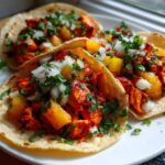 Close-up of three freshly made Chicken Al Pastor tacos topped with pineapple, onion, and cilantro on a white plate.