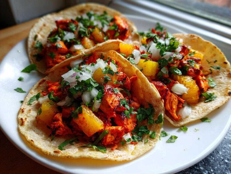Close-up of three freshly made Chicken Al Pastor tacos topped with pineapple, onion, and cilantro on a white plate.