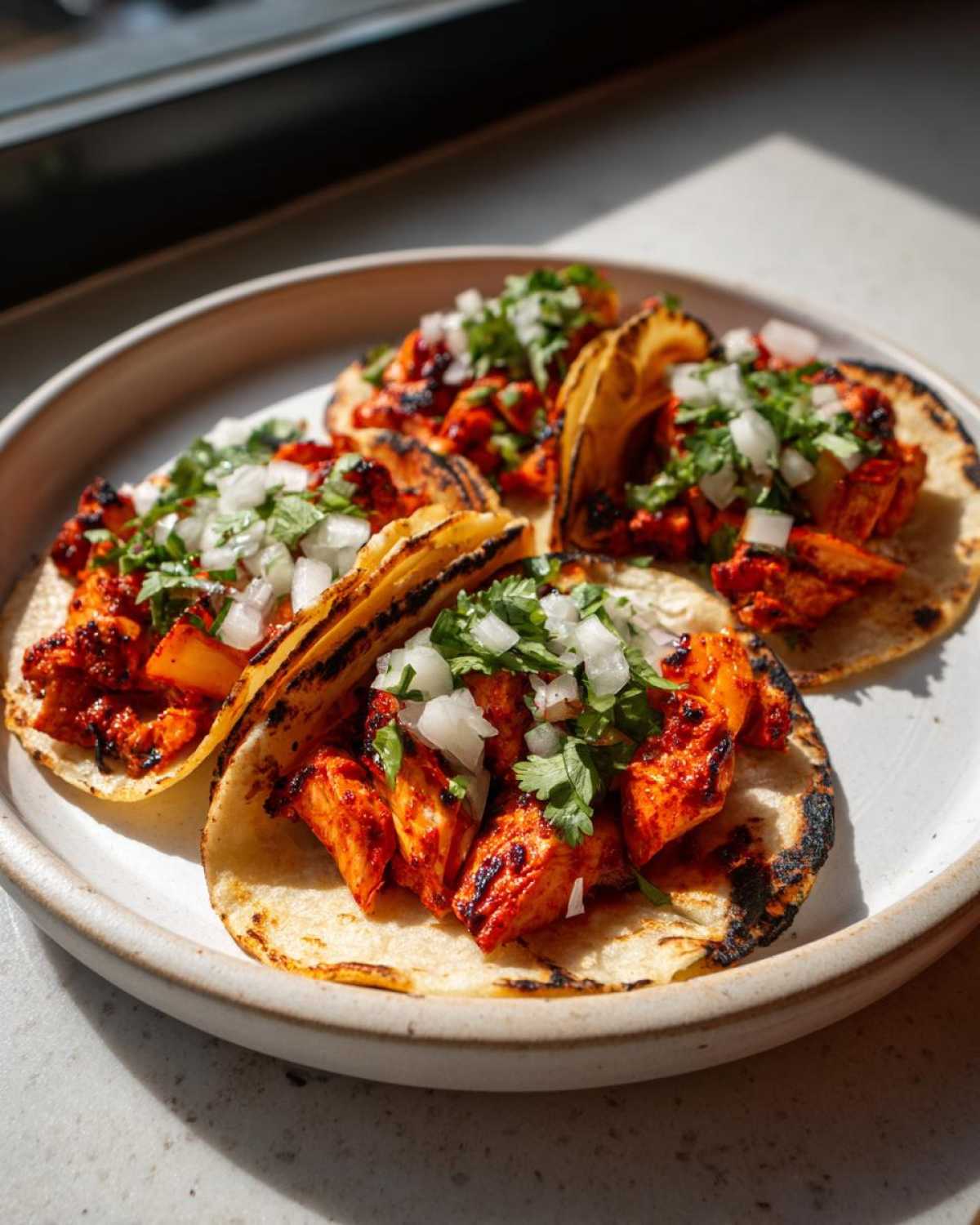 Four grilled corn tortillas filled with vibrant red Chicken Al Pastor, topped with diced white onion and fresh cilantro.