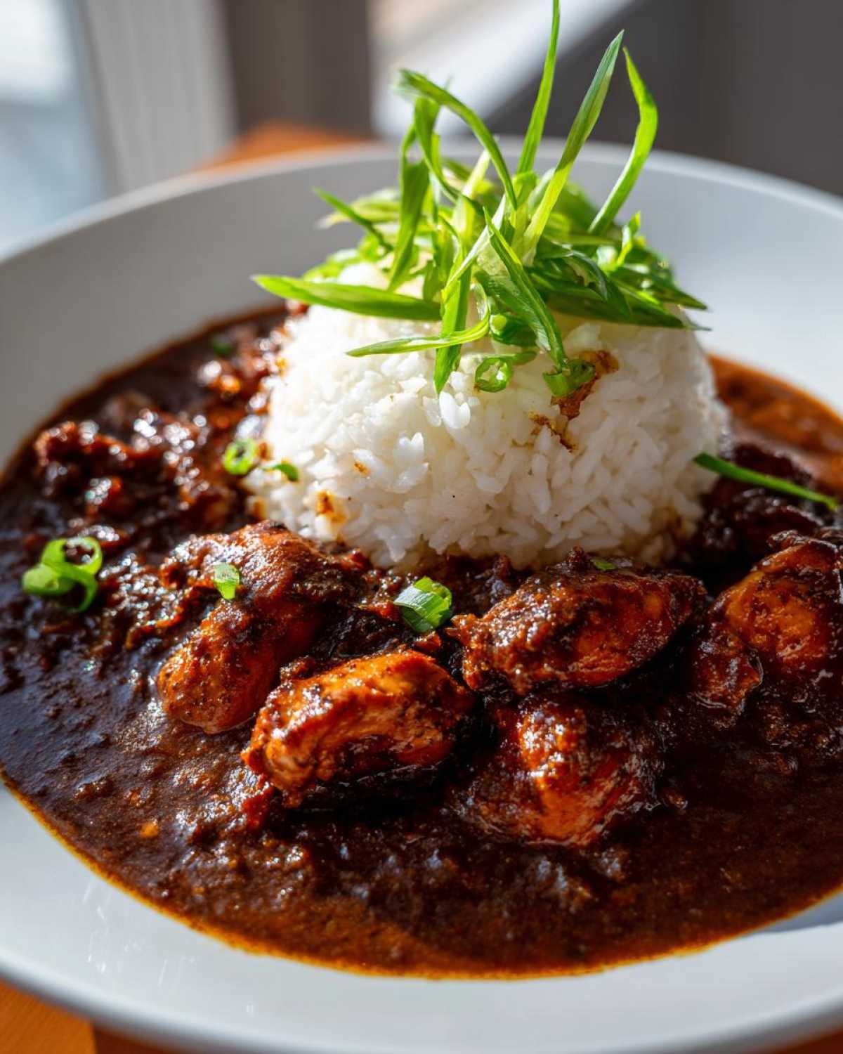 A bowl of dark, rich Chicken Étouffée served alongside a mound of white rice and topped with fresh green onions.