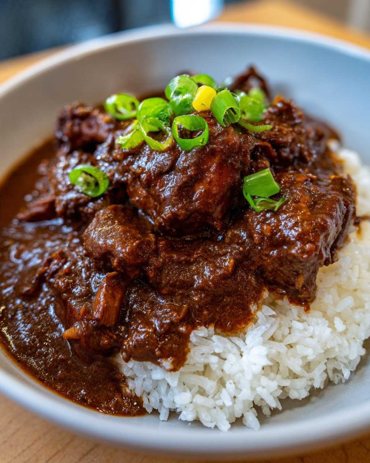 Close-up of a bowl of dark, rich Chicken Étouffée served over fluffy white rice and garnished with sliced green onions.