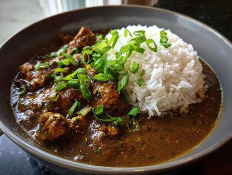 Close-up of a bowl of rich, dark Chicken Étouffée served next to a mound of white rice and topped with fresh green onions.
