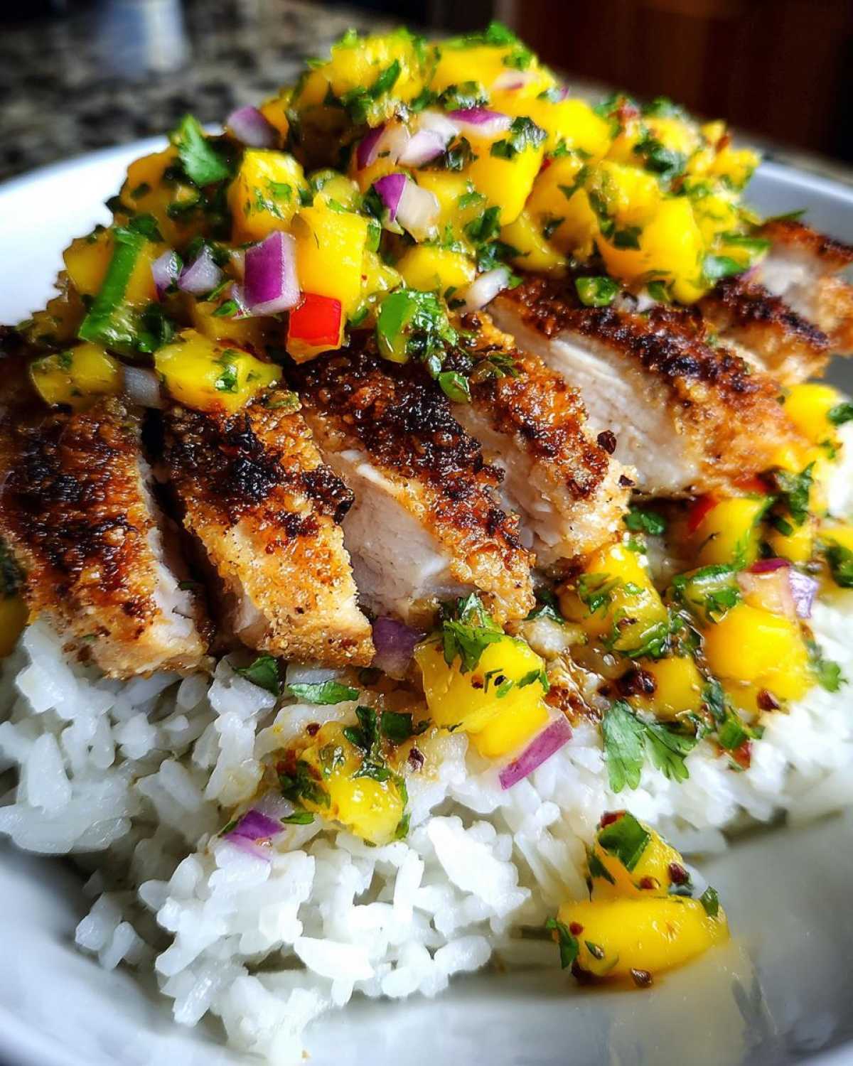 Close-up of sliced, seasoned chicken breast served over white rice and topped generously with bright mango salsa in a Chicken Mango Rice Bowl.