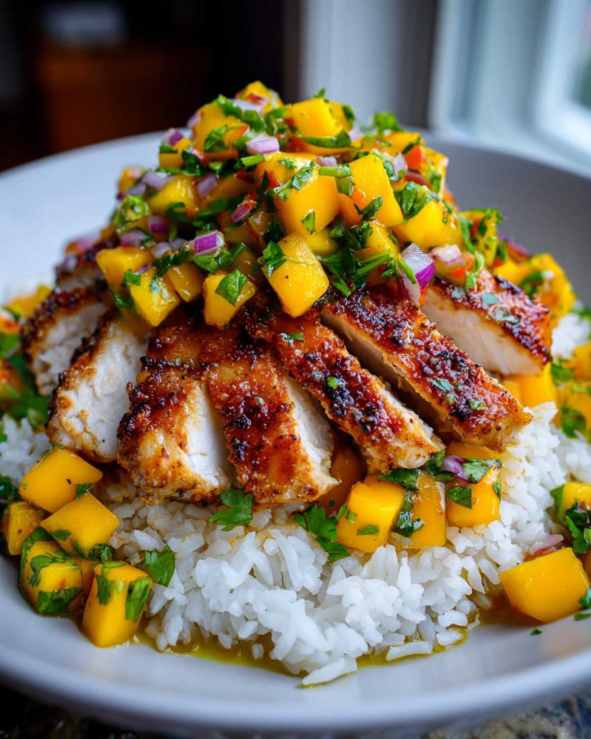 Close-up of a Chicken Mango Rice Bowl featuring sliced seasoned chicken breast over white rice, topped with fresh mango salsa.
