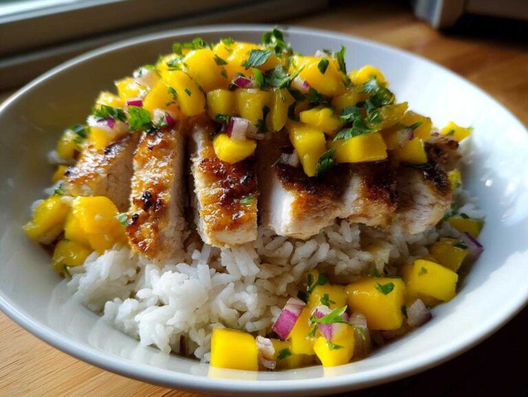 A close-up of a Chicken Mango Rice Bowl featuring sliced, seared chicken breast over white rice, topped with bright mango salsa.