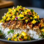 Close-up of sliced, seasoned chicken breast served over white rice, topped generously with bright mango salsa in a Chicken Mango Rice Bowl.