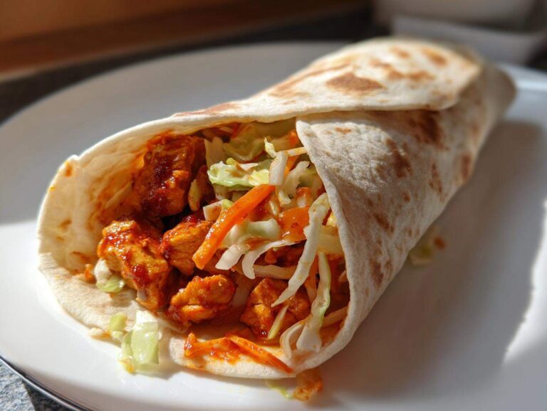 Close-up of a perfectly rolled Chili Chicken Wraps Lunch filled with saucy chicken pieces and crisp slaw on a white plate.