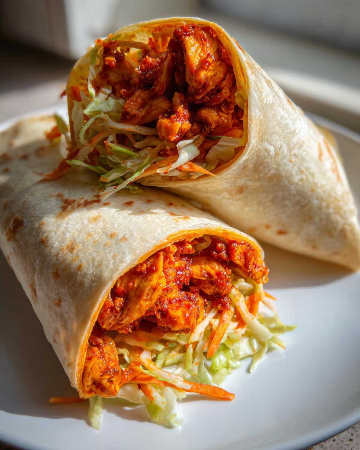 Two halves of a Chili Chicken Wraps Lunch, filled with bright red seasoned chicken pieces and shredded coleslaw.