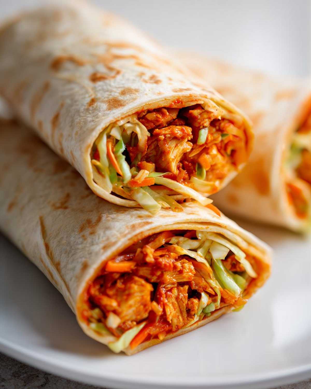 Two stacked Chili Chicken Wraps Lunch portions filled with shredded chicken in a red sauce and crisp coleslaw.