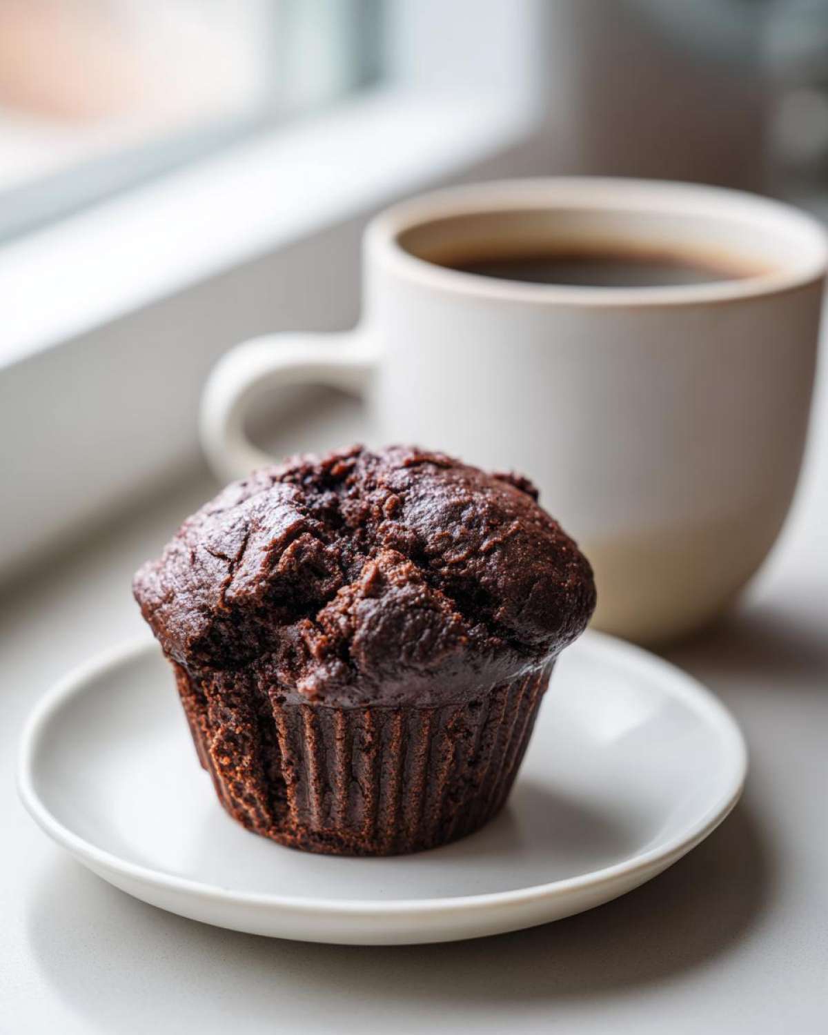 A rich chocolate muffin sits on a small white plate next to a mug of black coffee, perfect for enjoying with Recetas de Café.