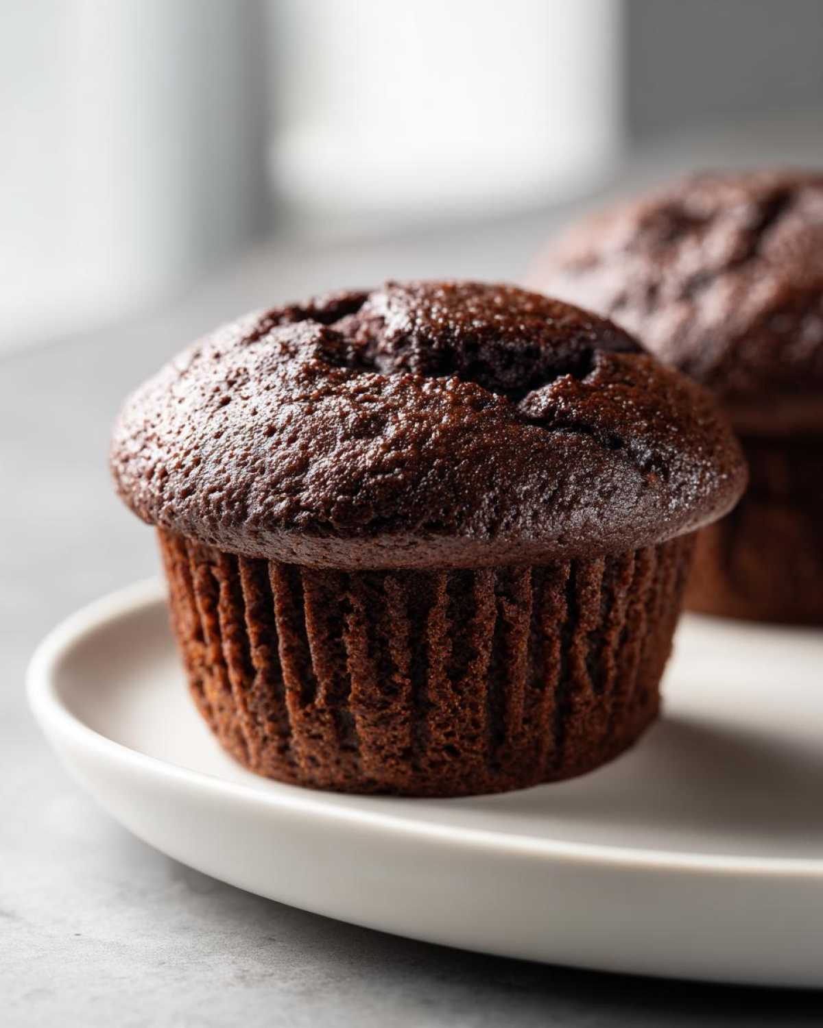 Close-up of a rich, dark chocolate muffin served on a white plate, perfect for pairing with Recetas de Café.