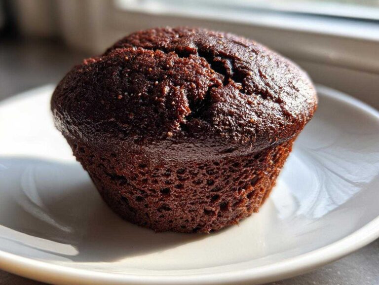 Close-up of a dark, moist chocolate muffin served on a white plate, perfect pairing for Recetas de Café.