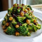 A vibrant mound of Chopped Broccoli and Chickpea Salad featuring bright green florets, chickpeas, dried cranberries, and red onion.