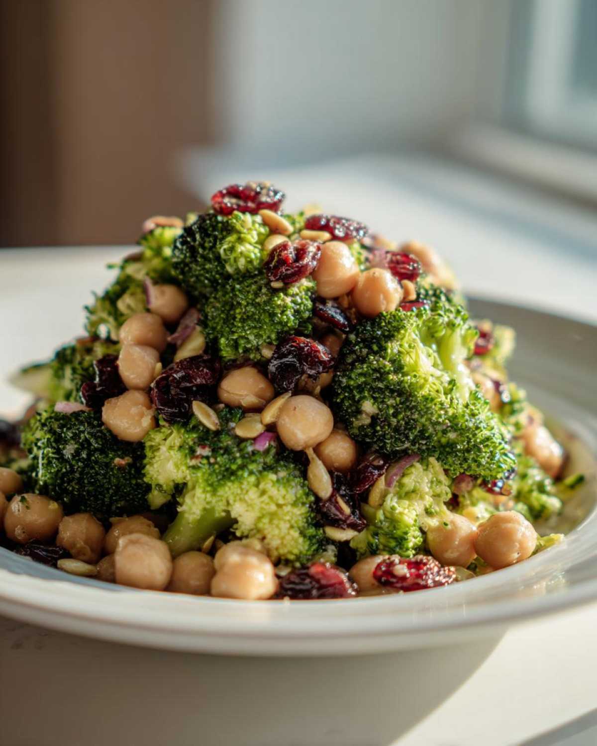 A close-up of a fresh Chopped Broccoli and Chickpea Salad topped with dried cranberries and pumpkin seeds.