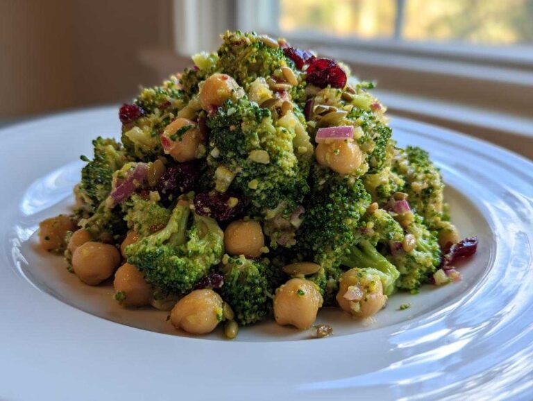 A vibrant mound of Chopped Broccoli and Chickpea Salad featuring broccoli florets, chickpeas, dried cranberries, and seeds on a white plate.
