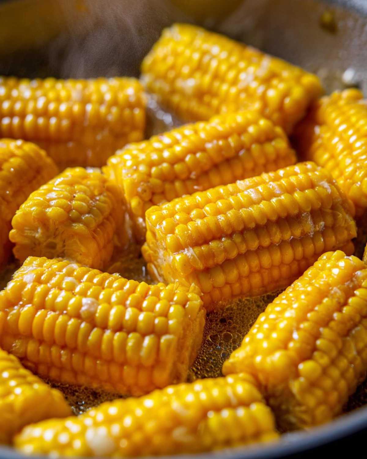 Close-up shot of bright yellow corn on the cob pieces simmering in melted butter, perfect for making Buttered Corn.