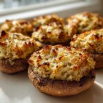 Close-up of fresh, golden-brown Crab Stuffed Mushrooms with a cheesy, baked topping.