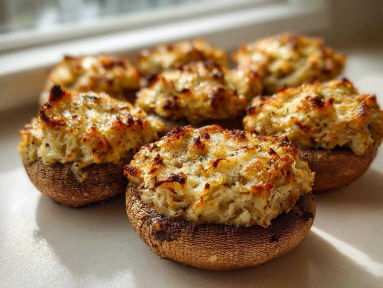Close-up of fresh, golden-brown Crab Stuffed Mushrooms with a cheesy, baked topping.