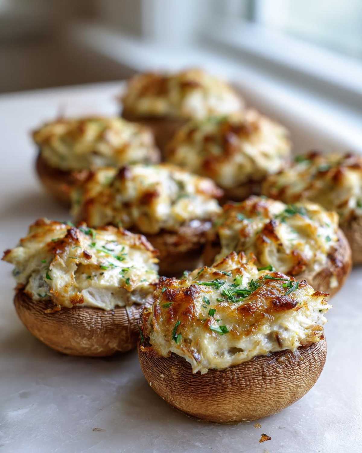 Close-up of golden brown Crab Stuffed Mushrooms topped with melted cheese and fresh parsley.