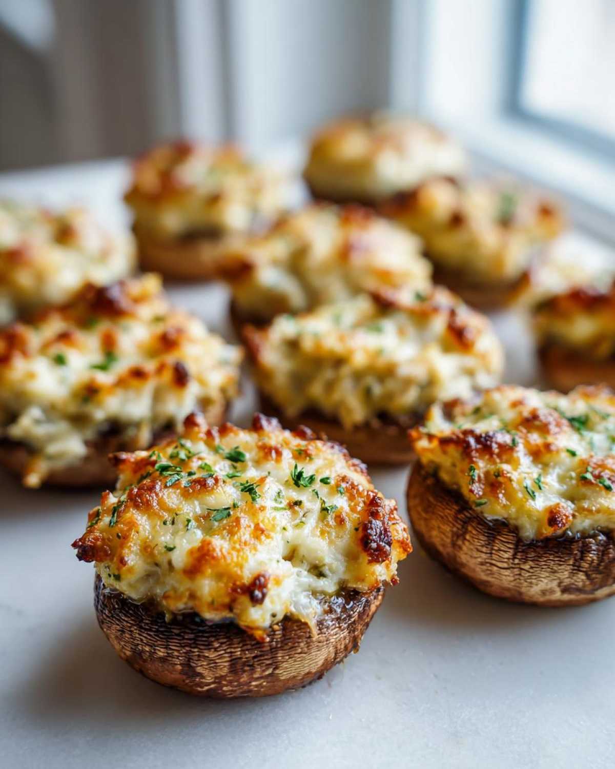 Close-up of freshly baked Crab Stuffed Mushrooms with a golden, cheesy topping and parsley garnish.