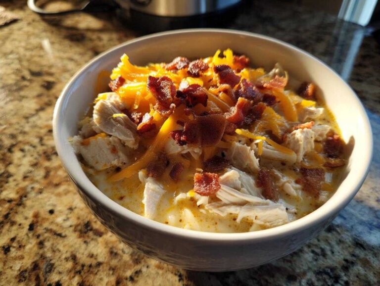 A close-up of a white bowl filled with creamy Crack Chicken Noodle Soup, topped with shredded chicken, cheddar cheese, and bacon bits.