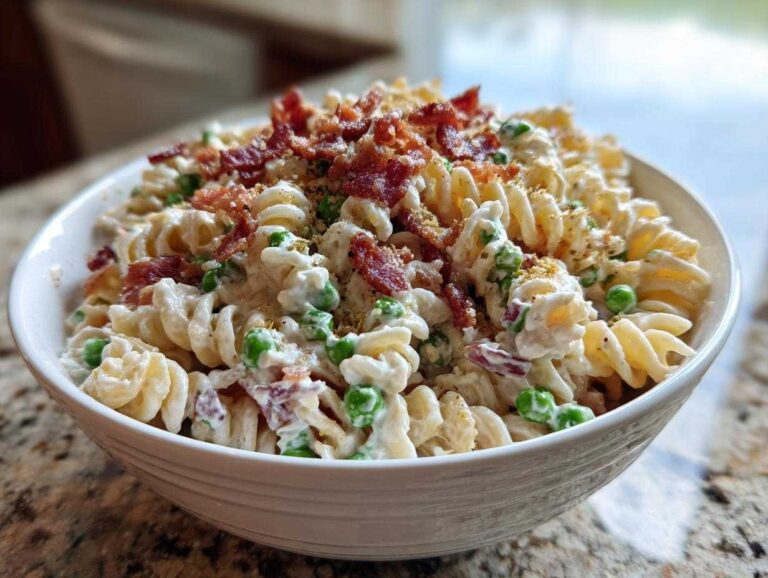 A white bowl filled with creamy Crack Pasta Salad featuring rotini pasta, green peas, and topped generously with crumbled bacon.