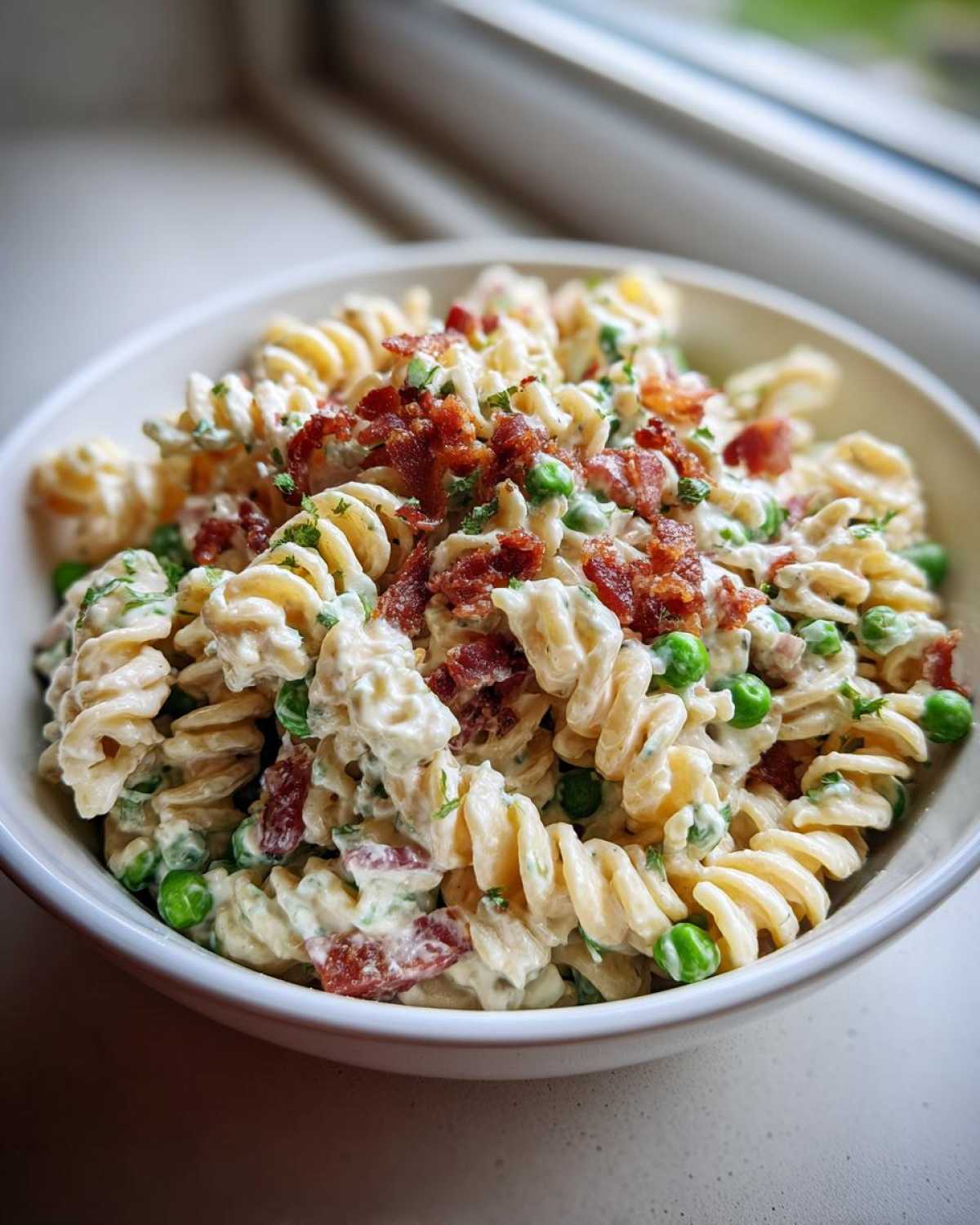 A close-up of a bowl filled with creamy Crack Pasta Salad featuring rotini pasta, green peas, and crumbled bacon topping.