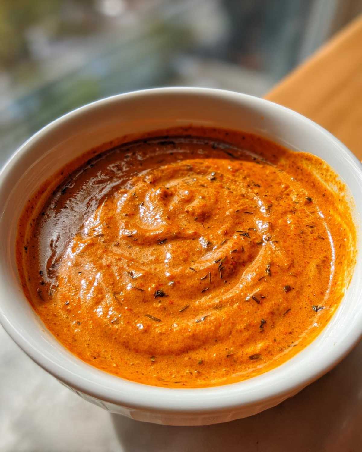 Close-up of rich, orange Creamy Garlic Tikka Masala Sauce swirled in a white bowl, topped with herbs.