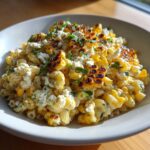 A close-up of creamy Grilled Corn Elote Pasta Salad featuring charred corn kernels, pasta, and cotija cheese.