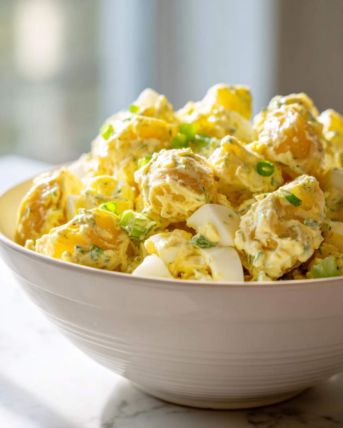 Close-up of creamy Hellman's Potato Salad mixed with chopped hard-boiled eggs and green onions in a white bowl.