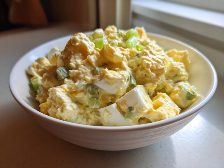 A close-up of creamy Hellman's Potato Salad mixed with chunks of hard-boiled egg and celery, topped with green onion.