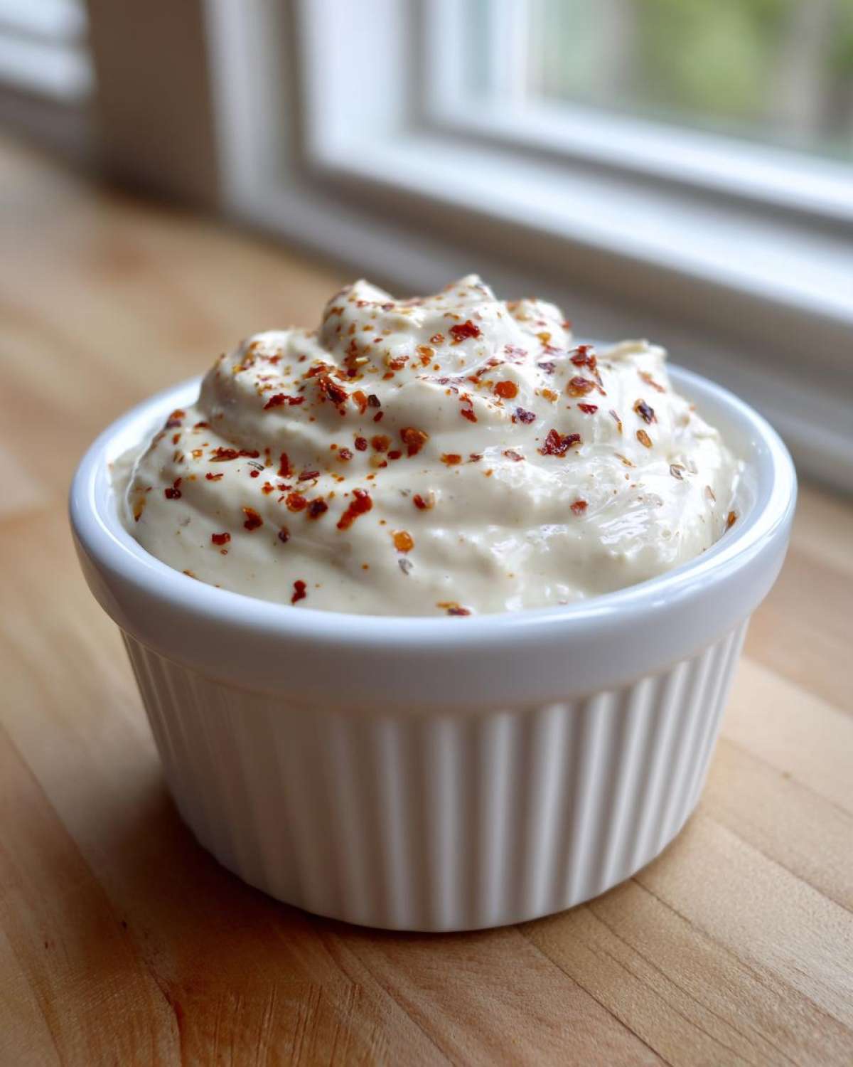 Close-up of creamy Hot Honey Ranch Sauce swirled in a white ramekin, topped with red pepper flakes.