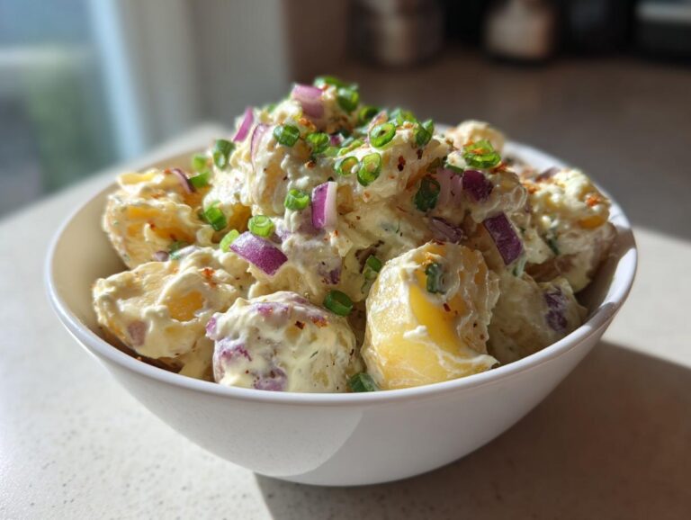 A close-up of creamy Jamaican Jerk Potato Salad topped with red onion and green onions in a white bowl.
