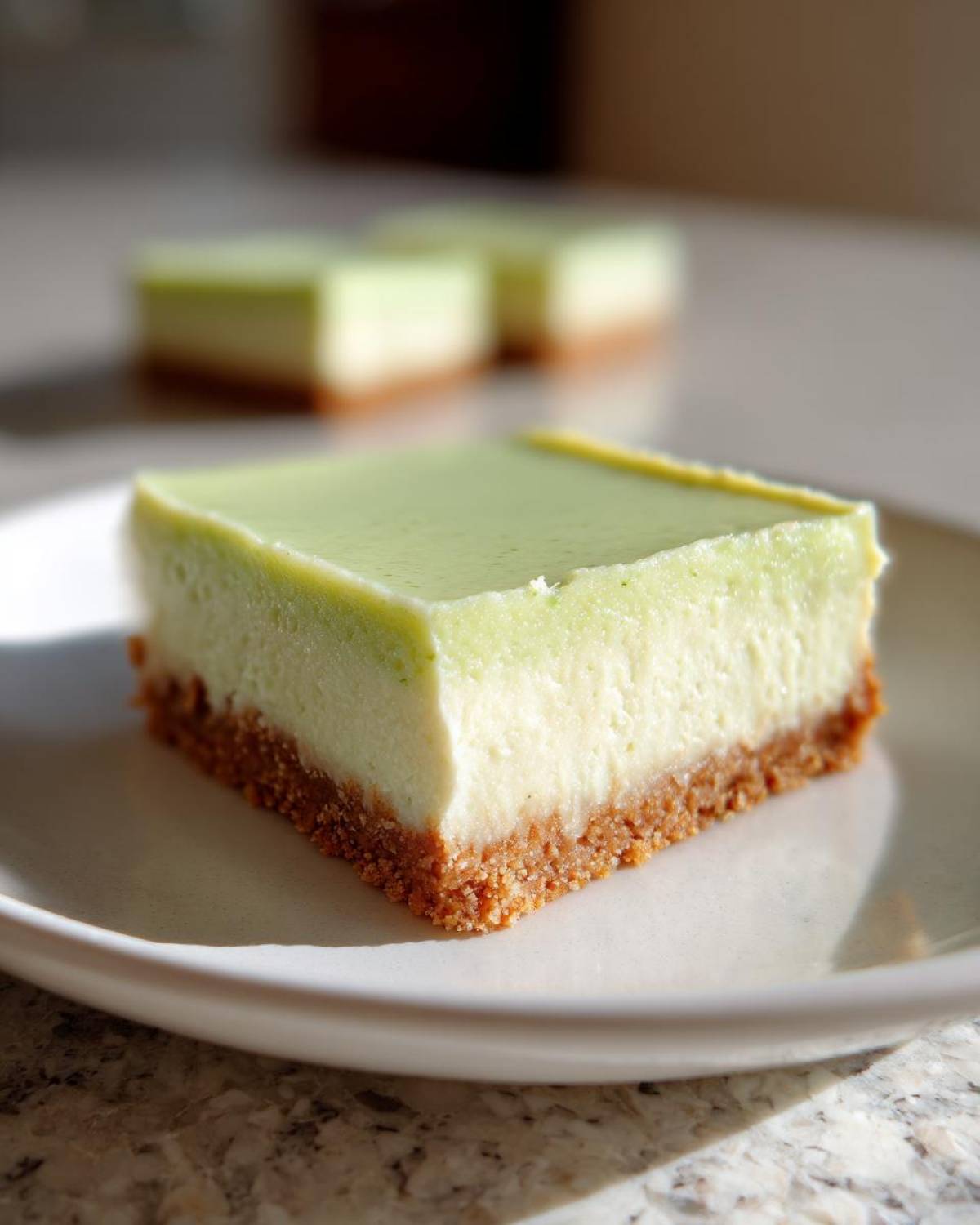 A square portion of Creamy Key Lime Pie Bars featuring a thick graham cracker crust and a bright green lime filling.