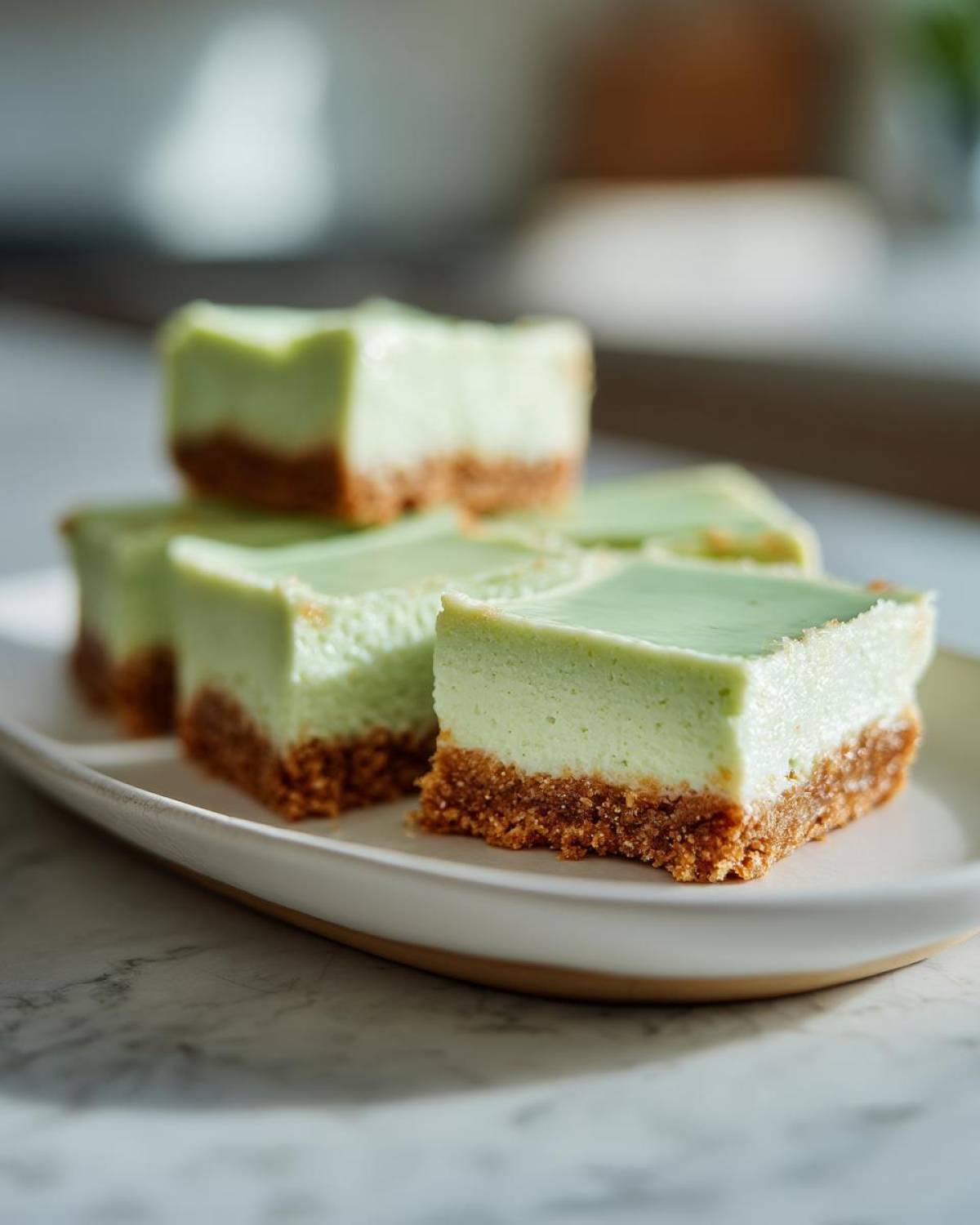 Close-up of several squares of Creamy Key Lime Pie Bars showing the thick graham cracker crust and light green filling.