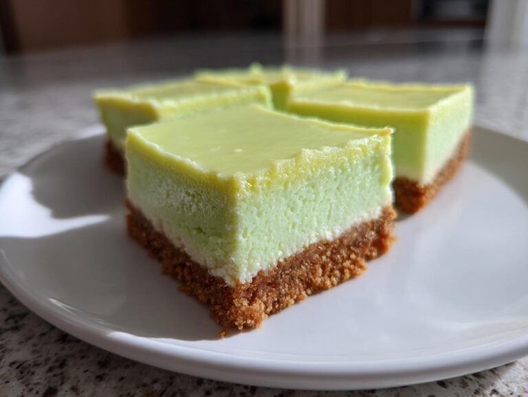 Close-up of several squares of Creamy Key Lime Pie Bars featuring a thick graham cracker crust and bright green filling.