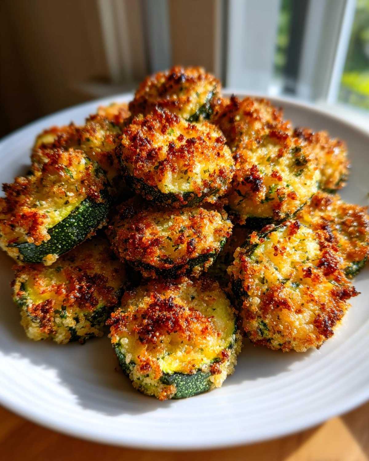 A pile of golden brown, crispy Air Fryer Zucchini slices stacked on a white plate, perfectly cooked.
