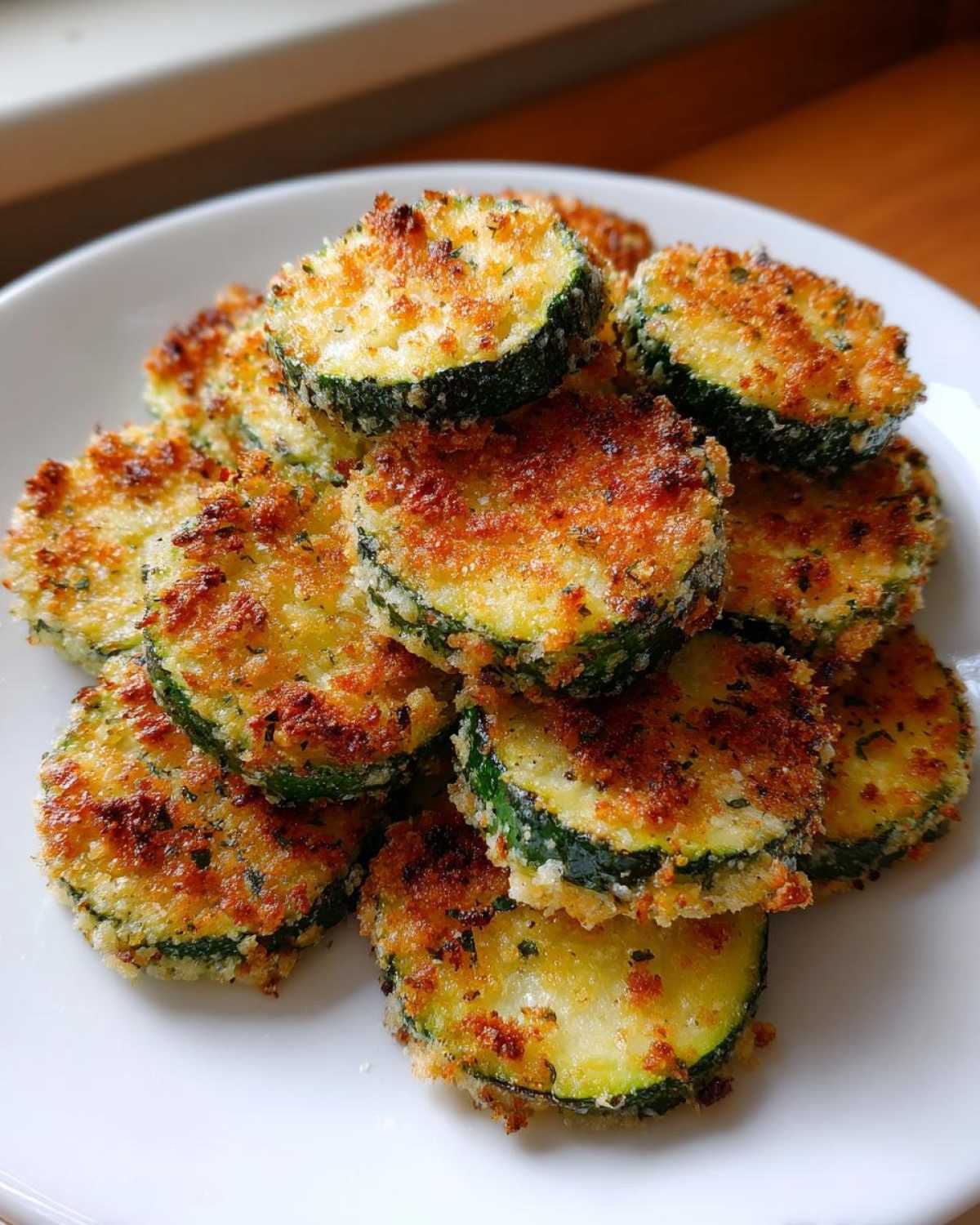 A pile of golden brown, crispy Air Fryer Zucchini slices seasoned with breadcrumbs, served on a white plate.