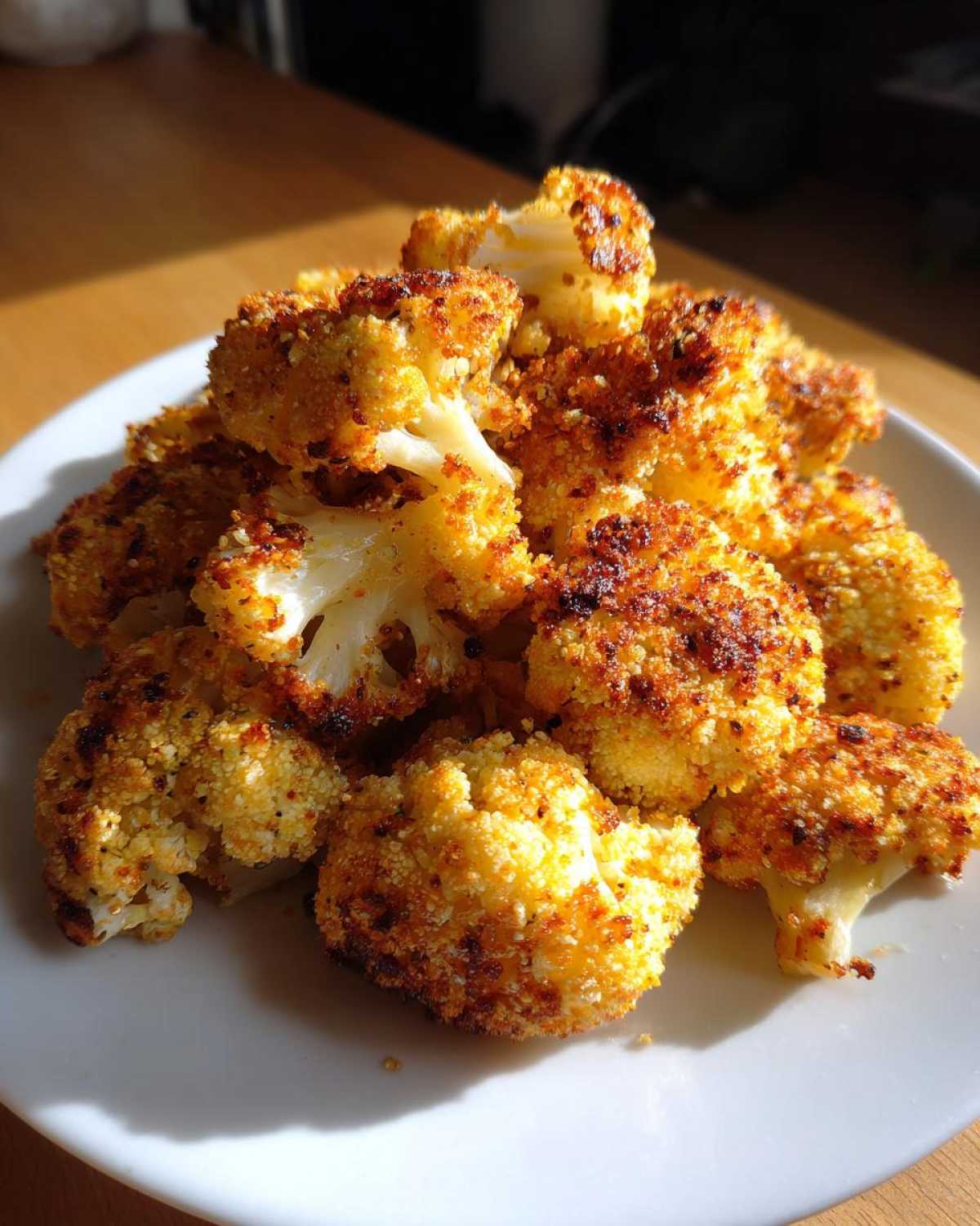 A pile of golden brown, crispy Baked Cauliflower Bites served on a white plate, catching bright sunlight.